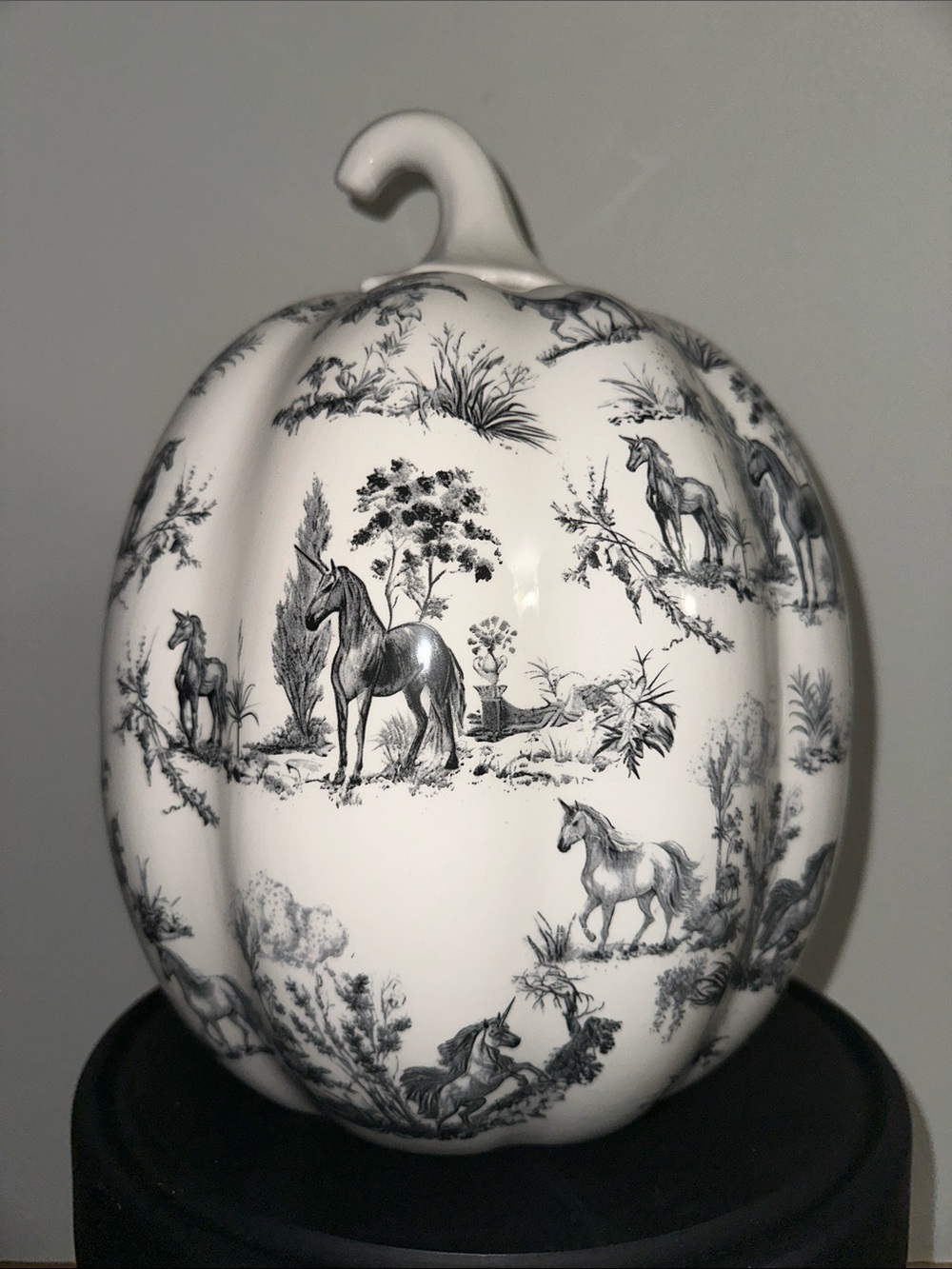 White Ceramic Pumpkin with Black Unicorn / Horse Toile Pattern